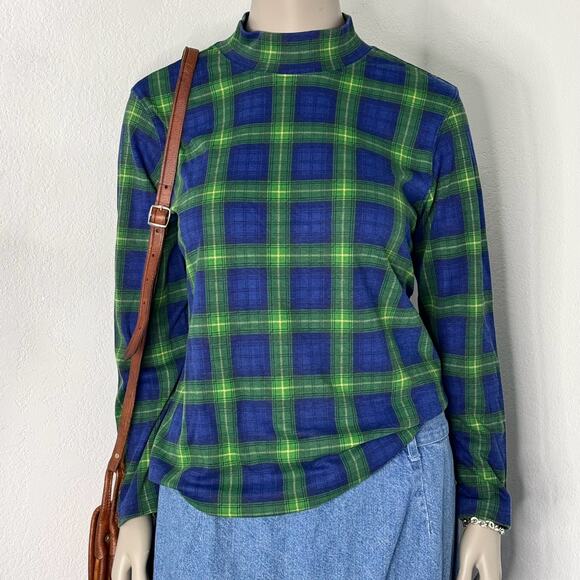 Dark Academica Mock Neck Plaid Long Sleeve Blue and Green Size Large Preppy Fall - Picture 1 of 6